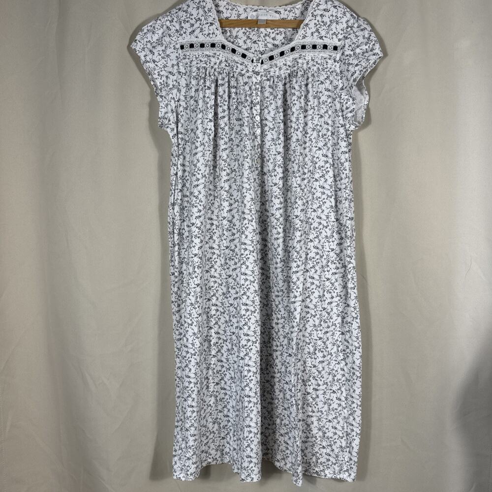 Eileen West Nightgown W XL White Black Floral Prairie Cottagecore Sleep Dress